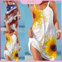 COD DSFDGESERRRRR [ER]Women Sunflower Printing Sling Sleeveless U-neck Off Shoulder Mini Dress Beachwear for Beach