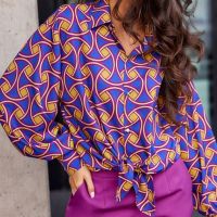 [Free ship] Cross-border and womens temperament commuting lapel single-breasted printed sleeves tie loose