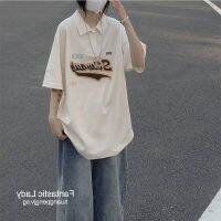 COD DSFDGDFFGHH F L❥( -)Apricot women polo shirt short-sleeved Harajuku style letter embroidery loose all-match fold-over collar womens t-shirt