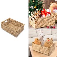 Wicker Basket Rectangular with Wooden Handles for Shelves,Water Hyacinth Basket Storage,Natural Baskets