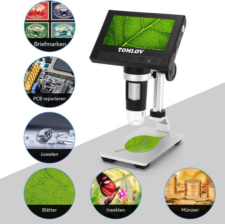 tomlov-dm4-coin-microscope-1000x-4-3-inch-lcd-digital-microscope-with-metal-stand-8-leds-photo-video-capture-for-adult-kids-observing-coin-plant-rocks-pcb-windows-compatible-sd-card-included