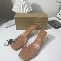 【ready stock】NewZARA-Womens shoes with square toe, PVC exposed toe, glass heel, exposed heel, fashion single shoe, sandals, women