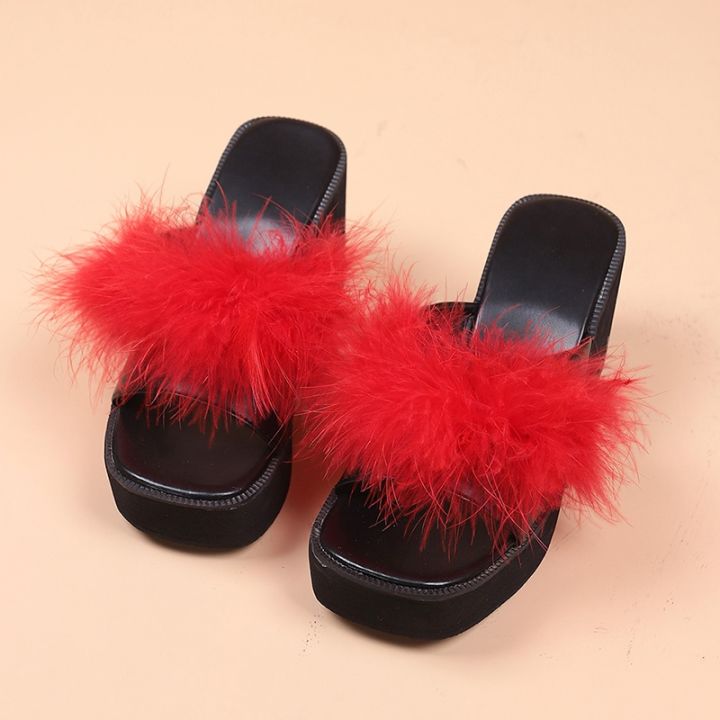 ขายดีที่สุด-ioztt2023-fashion-thick-sole-fluffy-slippers-female-summer-super-high-heels-flip-flops-fashion-outside-wedges-clip-feet-cool