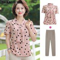 ☜❇ Mother summer two piece suit brim middle-aged womens dot chiffon unlined upper garment of a with short sleeves on fashion clothes