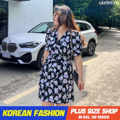 Plus size เสื้อผ้าสาวอวบ❤ เดรสสาวอวบอ้วน ไซส์ใหญ่ ผู้หญิง ชุดเดรสลายดอกไม้ ทรงหลวม แขนสั้น คอวี ฤดูร้อน สไตล์เกาหลีแฟชั่น V728