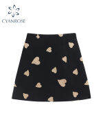 2022 Spring Women Vintage Heart Jacquard Mini Skirt Gothic Streetwear Female Loose Casual Chic Woollen High Waist A-line Skirt