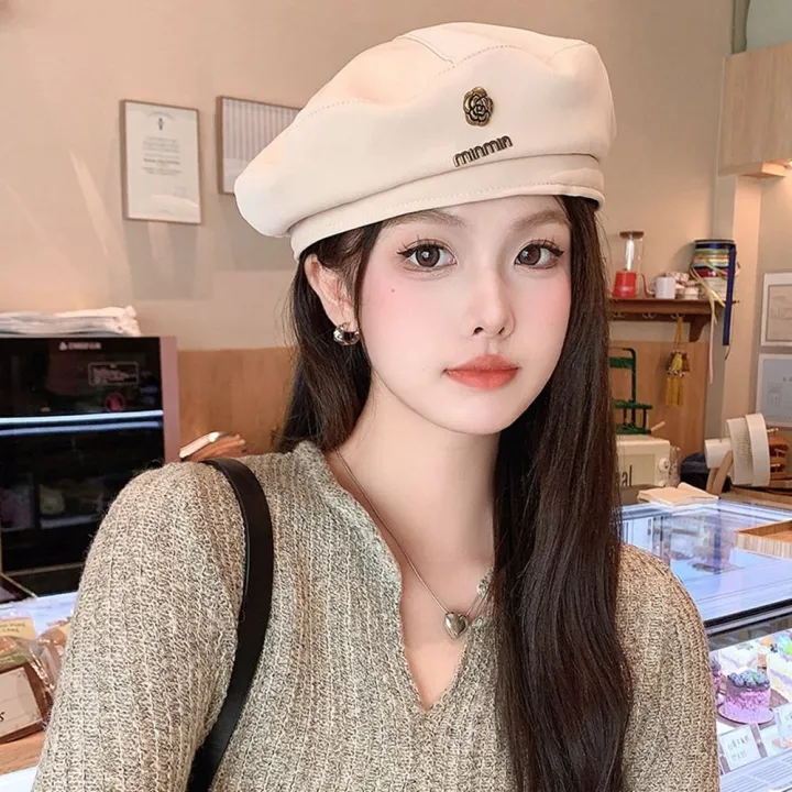 dgjkf-หมวกแฟชั่นหญิง-สไตล์เกาหลีแบบ-หมวกเบเร่ต์ตัวอักษร-ดอกคาเมลเลีย-หมวกทรงแปดเหลี่ยม-ลำลองแบบสบายๆ-หมวกเด็กขายหนังสือพิมพ์-สำหรับผู้หญิง