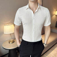 High End Wavy Stripes ผู้ชายชุดเสื้อปุ่มลงธุรกิจอย่างเป็นทางการ Camisa Masculina Manga Curta ฤดูร้อนเกาหลี Slim Social เสื้อ