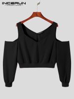 【อเนกประสงค์】 INCERUN 2022ผู้ชายสีทึบ T เสื้อ V คอยาวแขนยาว Streetwear Casual Crop Tops ผู้ชายปิดไหล่เซ็กซี่หลวม Camisetas S 5XL