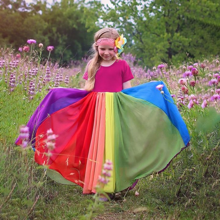 jeansame-dress-1-2-3-4-5-6-7-8ปีสายรุ้งสาวฤดูร้อนชุดเด็กที่มีสีสันแกว่ง-f-lared-ชุดเด็กงานเลี้ยงวันเกิดเสื้อผ้าสีชมพูสำหรับเด็ก