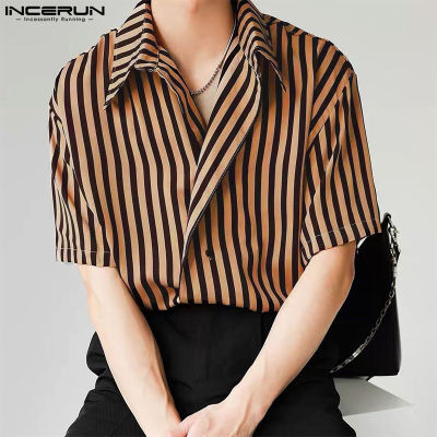 INCERUN เสื้อยืดลายทางสำหรับบุรุษเสื้อแขนสั้นติดกระดุมเสื้อลำลองเสื้อยืดสำหรับวันหยุดเสื้อ (สไตล์เกาหลี)