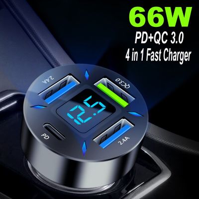 Survival kits 66W Car Charger Quick Charge Lighter Adapter 4-Port USB QC+PD Fast Charging Phone Charger for iPhone Xiaomi Samsung Survival kits