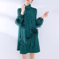 2023 Hot Miyake pleated  spring and summer new temperament French skirt long-sleeved beaded high-end western style dress