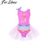 Girls Sleeveless Mesh Tutu Ballet Leotards Dress Cute Cartoon Mermaid Fish Scales Print Dance Jumpsuit Performance Dancewear