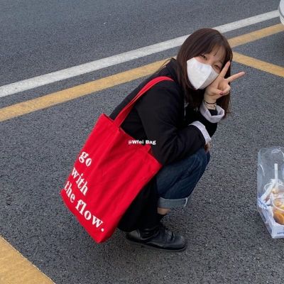 กระเป๋าสะพายไหล่ กระเป๋านักเรียน ผ้าแคนวาส พิมพ์ลายตัวอักษร สีแดง แบบเรียบ เป็นที่นิยม สไตล์เกาหลี New on September 7th