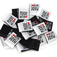 50Pcs Handmade Label Black White Clothes Tags Made With Love Woven Fold Tags For Clothes Decoration Sewing Accessories 20*50MM Stickers Labels