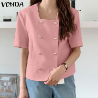 VONDA เสื้อผู้หญิงลำลองคอสี่เหลี่ยมแขนสั้นติดกระดุม (ลำลองเกาหลี)