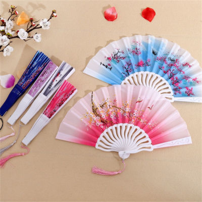 Tassel Fabric Folding Fan National Party Dancing Plastic Fan Vintage Handheld Folding Fan Floral Folding Hand Fan