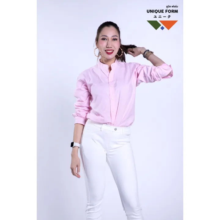 uniqueform-เสื้อเชิ้ต-แขนยาว-คอจีน-คอปก-สีชมพู-candy-pink-shirt-เสื้อคู่-วาเลนไทน์-ผ้าอ้อกฟอร์ด-pure-oxford-shirt