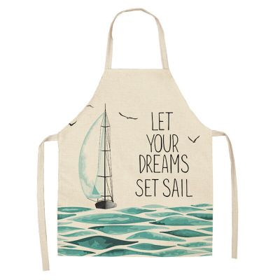 Marine Animals Printed Kitchen Aprons for Women Kids Sleeveless Cotton Linen Bibs Cooking Baking Cleaning Tools