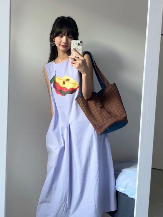 uniqlo-summer-new-dopamine-purple-sleeveless-niche-design-print-dress-high-level-sweet-girl-mid-length-skirt