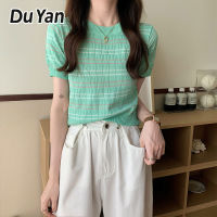 Du Yan เสื้อครอปลายทางผู้หญิง,เสื้อยืดถักแขนสั้นบางทรงหลวมเสื้อยืดถักสไตล์เกาหลี