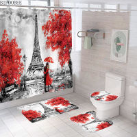 3D Eiffel Tower Bathroom Curtain Set Paris Landscape Bath Mat Sets Shower Curtains with Hooks Non-Slip Pedestal Rug Toilet Cover