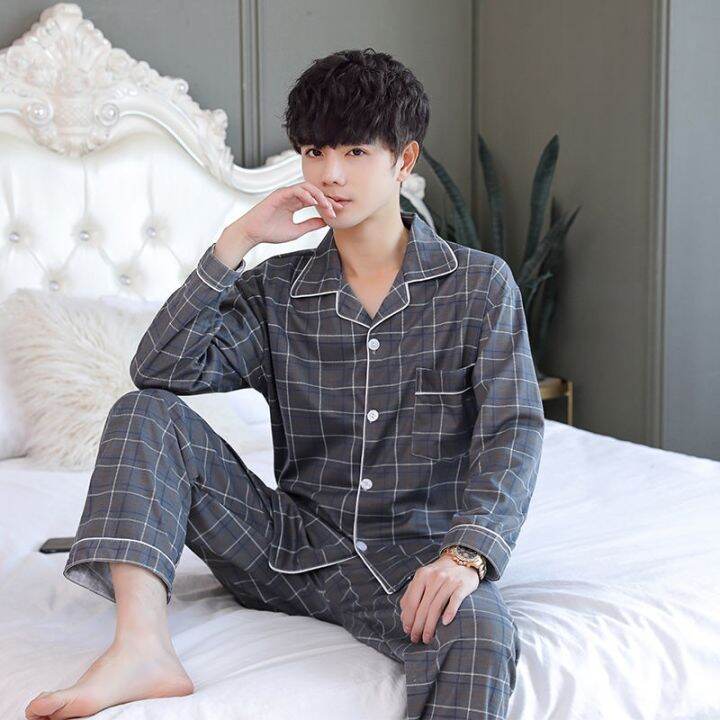 muji-high-quality-pajamas-mens-long-sleeved-summer-thin-cardigan-set-mens-clothes-dad-spring-and-autumn-youth-middle-aged-plus-size-loose-suit