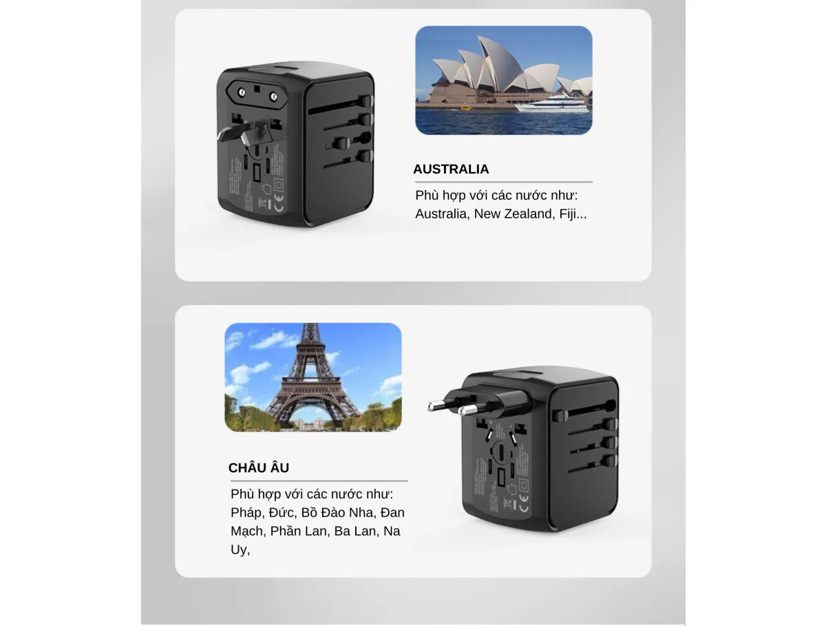 Ổ Cắm Điện Du Lịch Quốc Tế Đa Năng Tích Hợp 3 Cổng USB-A 1 Ổ Cắm Điện Du Lịch Quốc Tế Đa Năng Tích Hợp 3 Cổng Usb-A 1