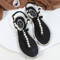 Women sandals 2022 new summer shoes flat pearl sandals comfortable string bead beach slippers casual sandals pink white black