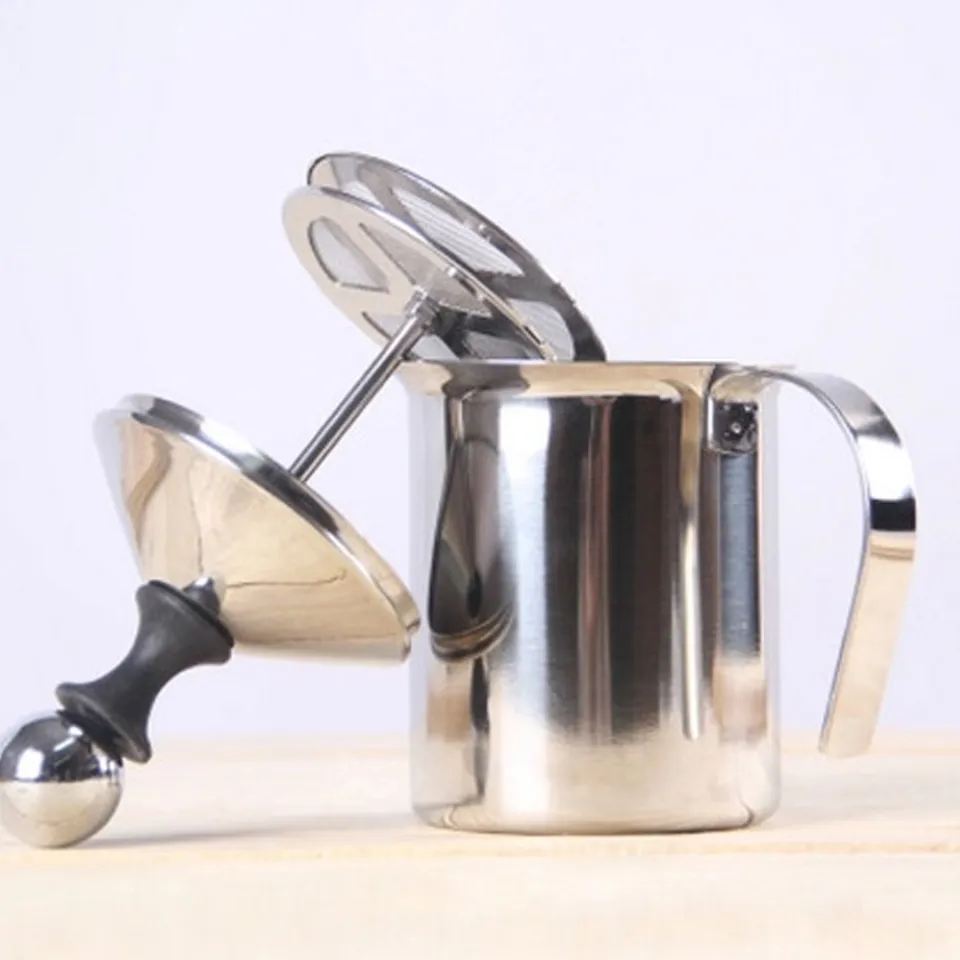 Manual Milk Creamer Hand Pump Frother Cappuccino Latte Coffee Foam Pitcher  with Handle, Lid, Double Layer Filter Screen, Stainle