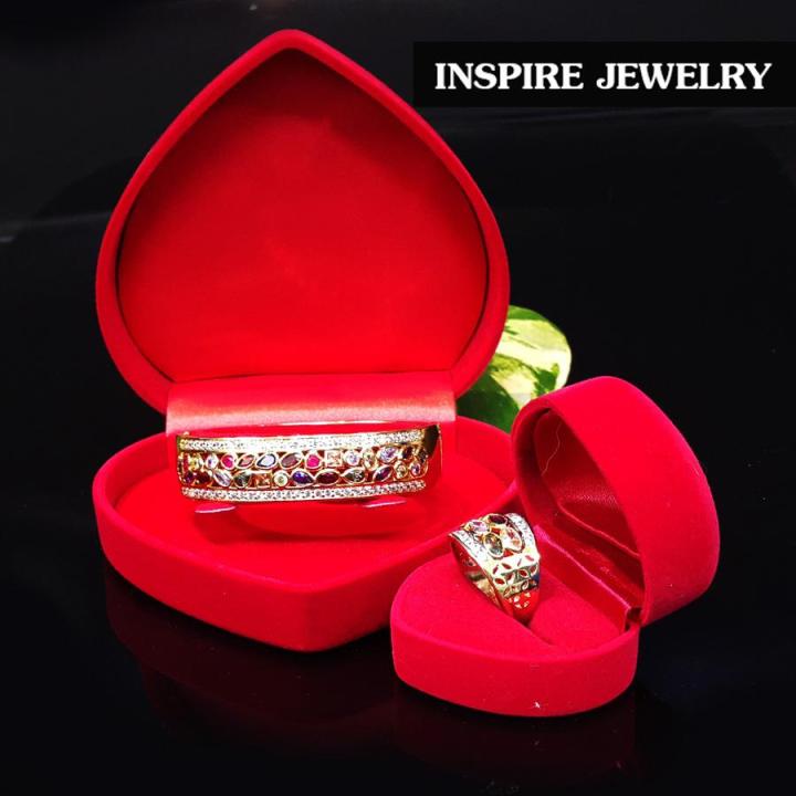 inspire-jewelry-ชุดเซ็ทแหวนนพเก้าพร้อมกำไลพลอยนพเก้าฝังเพชรcz-สองแถวบนล่าง-เพชรสวยเกรด-aaa-เพชรพลอยวิ้งเจิดจรัส-กำไลและแหวนหน้าsize-1-5cm