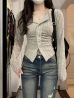 original Uniqlo NEW pure sexy hottie long-sleeved sweater for women in autumn 2023 new design pleated slim bottoming short top