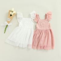 Infant Kids Lace Tutu Dress, Baby Girls Solid Color Fly Sleeve V-Neck Patchwork 100% Cotton Gown (White, Pink) 1-5T  by Hs2023