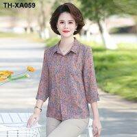 ✕❃♀ Middle-aged spring new printing summer three-quarter sleeve top middle-aged and elderly womens foreign style