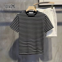 Suikone เสื้อยืดแขนลำลองขาสั้นคอแถบรอบคอผู้ชาย,แขนสั้นลายทรงหลวมระบายอากาศ