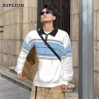 SUPEEON丨 เสื้อสเวตเตอร์คอปกลายทางวินเทจแบบซิปครึ่งคอโปโลสำหรับผู้ชาย Atasan Bahan Rajut คู่สำหรับฤดูใบไม้ร่วง/ฤดูหนาว