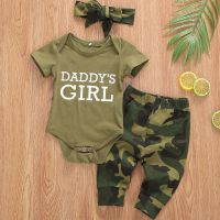 Baby Summer Clothing Baby Girls Boys Clothes Set Camouflage Short Sleeve Letter Printed Bodysuit Tops + Pants + Hat/Headband  by Hs2023