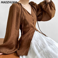 เสื้อลูกไม้แขนยาวคอวีสไตล์ฝรั่งเศส MAOZHUXIA เสื้ออเนกประสงค์