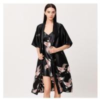 Women Nightgown Ice Silk Chinese Style Crane Print Half Sleeve Kimono Bathrobe Bride Bridesmaid Wedding Long Robe Non-suit