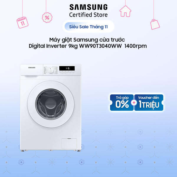 Máy giặt Samsung cửa trước Digital Inverter 9kg WW90T3040WW  1400rpm, Giặt nước nóng, Tự vệ sinh lồng giặt