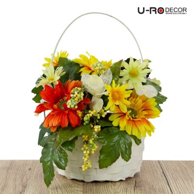 U-RO DECOR รุ่น GERBERA IN BASKET (YELLOW, ORANGE) เยอบีร่ากระเช้าดอกไม้ สีเหลือง สีส้ม ยูโรเดคคอร์ กระถาง แต่งบ้าน ใส่ของ  ดอกไม้ ประดิษฐ์ flower ช่อดอกไม้