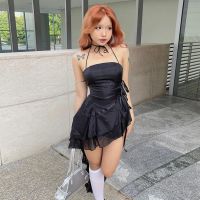 ﹍✇ Wannathis Yabifeng Black Halter Dress Strapless Backless Short Skirt Backless Irregular Hot Girl Skirt