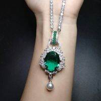 【cw】 luxury green stone pendant sweet cool fragrant wind full of beads large gemstones black diamonds navy blue necklace