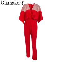 Glamaker Sexy pleated patchwork mesh autumn jumpsuit Women winter bodycon red jumpsuit &amp; romper Female vintage jump suit overall