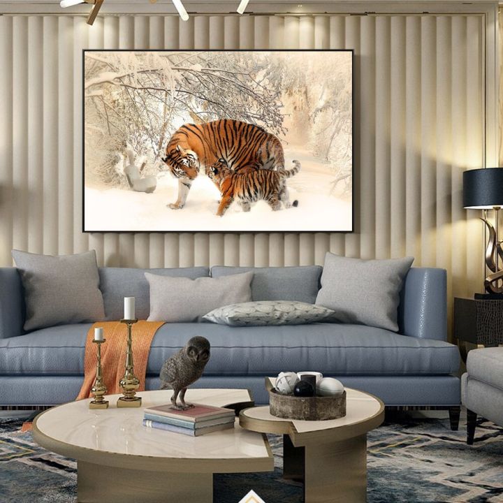 สัตว์-wall-art-ภาพวาดผ้าใบ-tiger-on-the-snow-art-ผ้าใบพิมพ์-wall-decor-ตกแต่งภาพ-cuadros-ตกแต่ง