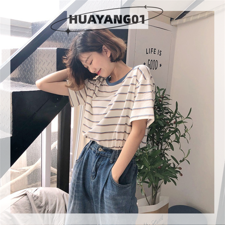 huayang01-2023-new-hot-fashion-lazlook-เสื้อยืดแขนสั้นลายทางวินเทจสำหรับผู้หญิงเสื้อยืดคอกลมทรงหลวมลำลอง