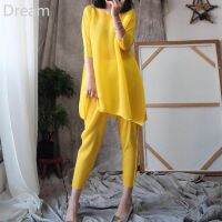 Sanzhai pleated new summer aging temperament suit Western fashion goddess loose slimming two-piece set V729