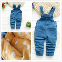 BibiCola Baby Girl Winter Pants Denim Bib Pants For Girl Thick Denim Cartoon Trousers Kids Warm Overalls Infant Tracksuit Pants