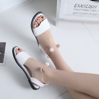 Foreign trade four seasons sandals womens summer open toe simple flat Roman sandals womens pearl buckle student womens shoes 〖WYUE〗